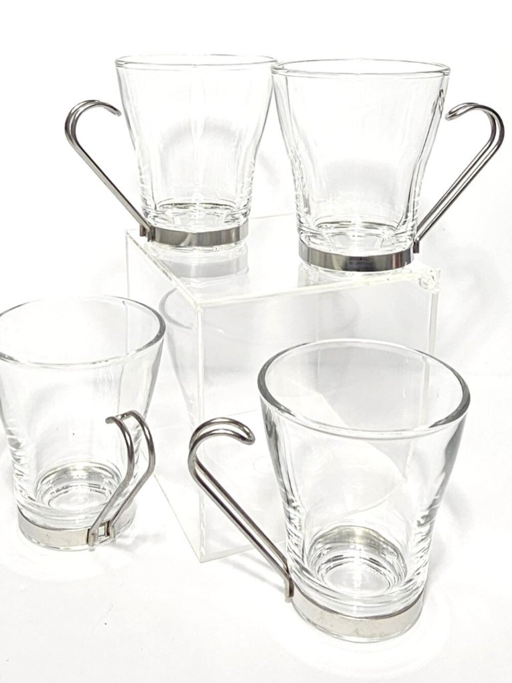 4 Vtg MCM Vitrosax Italy Cappuccino Espresso Glass Cups Stainless Steel Handles